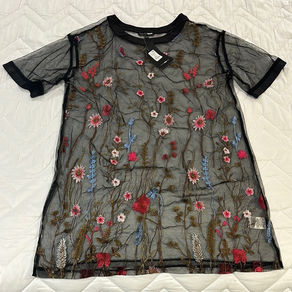 Fashion Nova Black Sheer Top with Floral Embroidery
